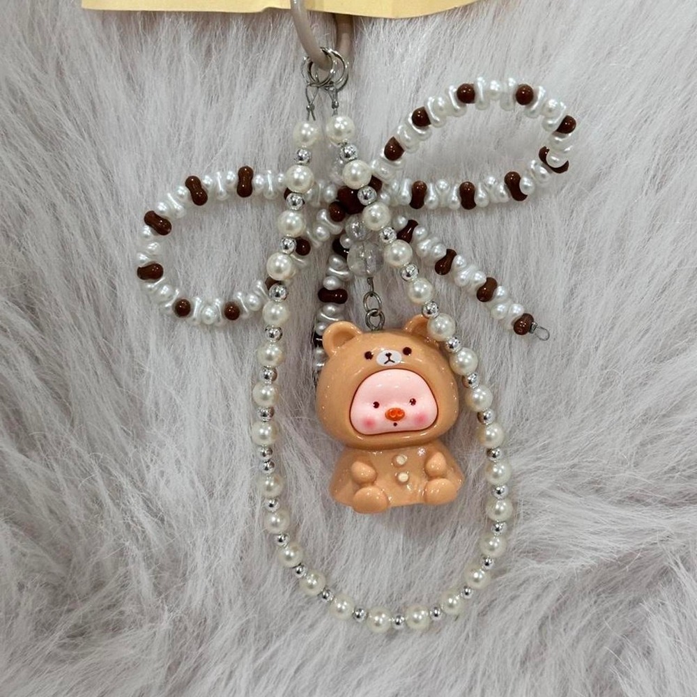 Beaded Phone Charm Cute Baby Bear Costume Faux Pearl Bow Wrist Strap Keychain